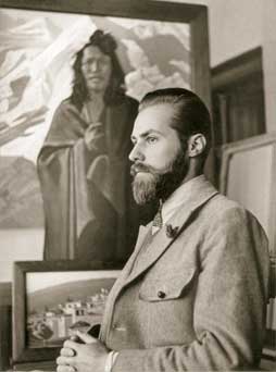 S. Roerich by his painting Karma Dorge. 1930s